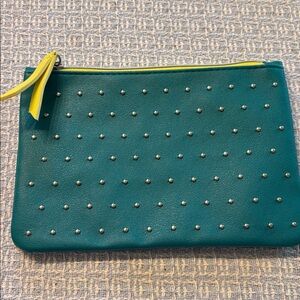 Ipsy Teal Clutch with Silver Studs and Yellow Interior